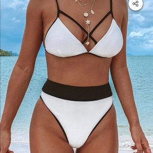 Strappy black and white high waisted bikini